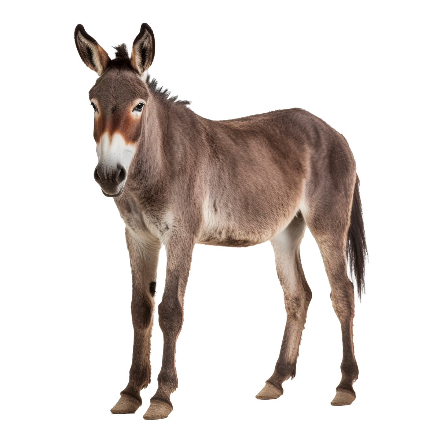 a donkey standing in front of a white background