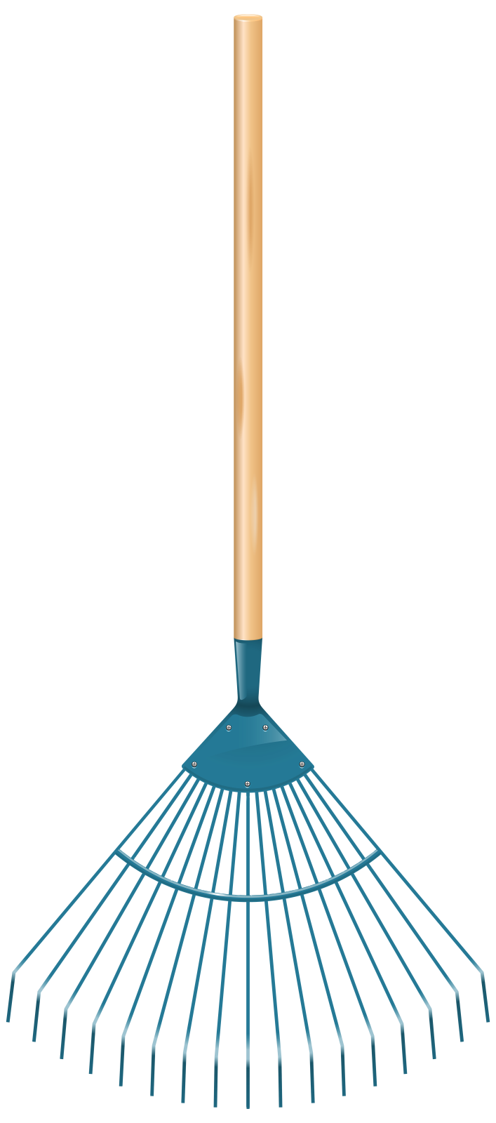 a blue rake with wooden handle