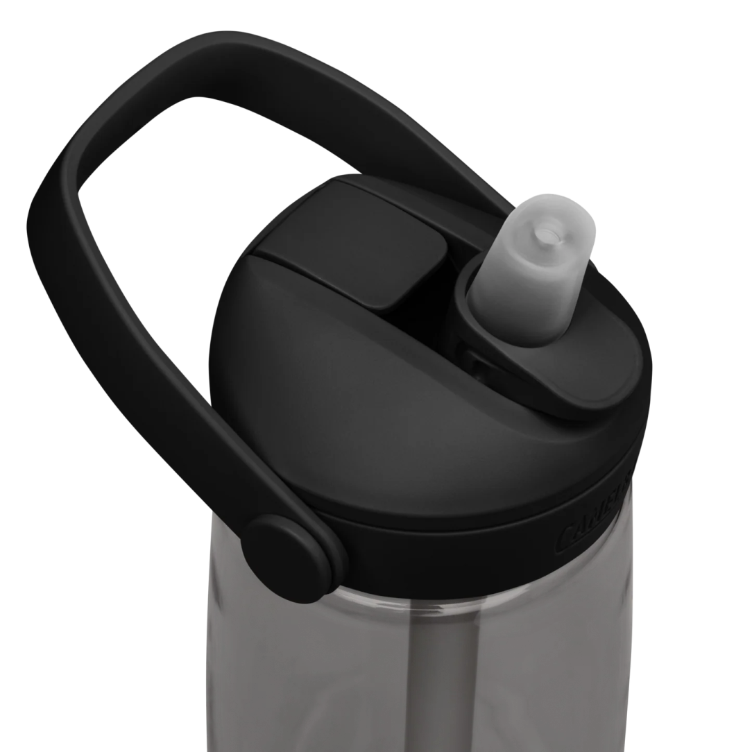 a black and white water bottle with a handle