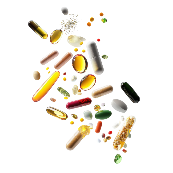 a bunch of pills falling into the air