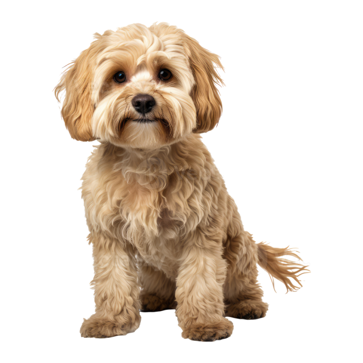 a small dog sitting down on a white background