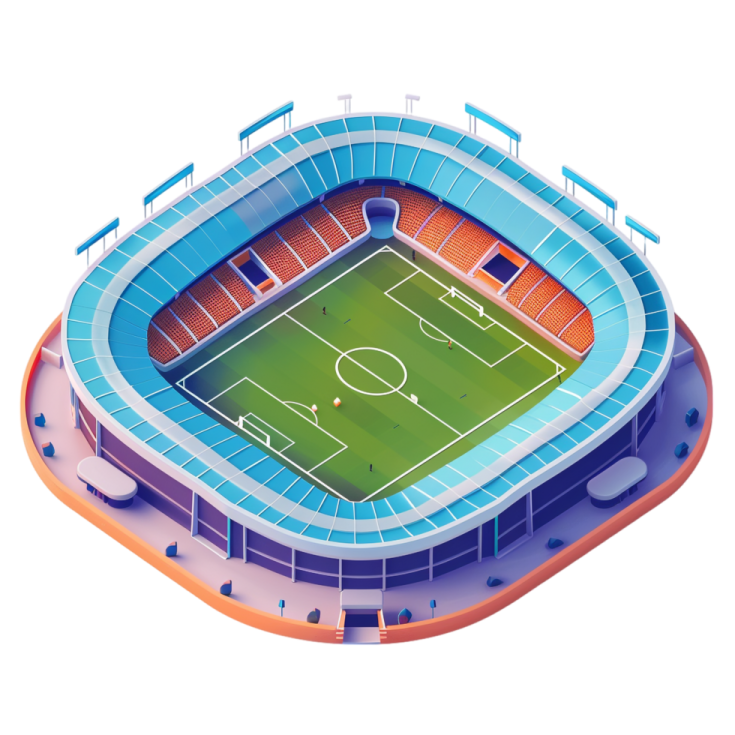 a soccer stadium with blue and orange seats