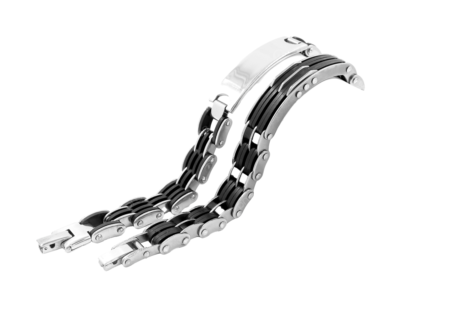 an image of a black and silver bracelet