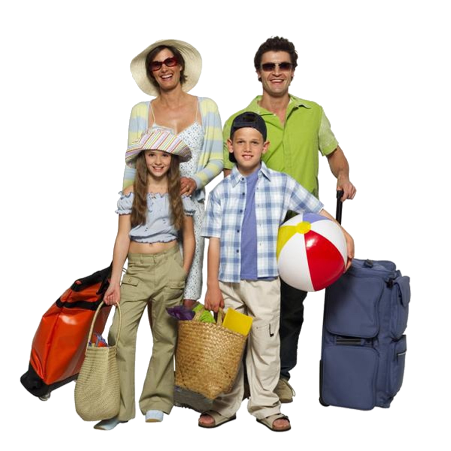 a family posing for the camera with their luggage