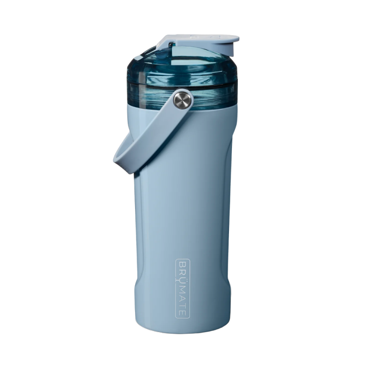 a blue shaker bottle with the lid open