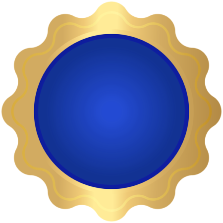 a blue and gold medal on a white background