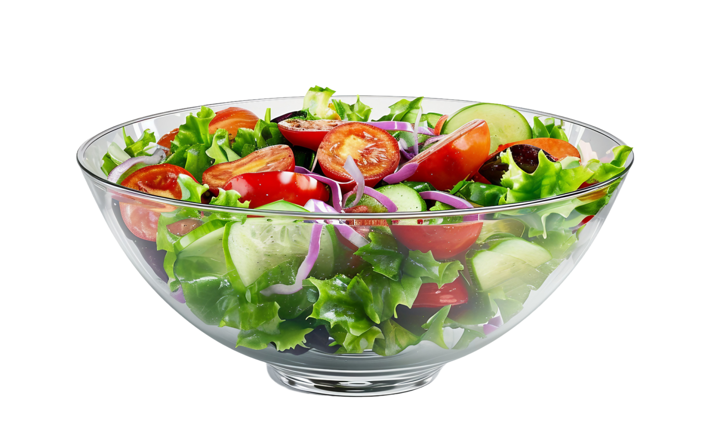 a salad in a glass bowl on a white background