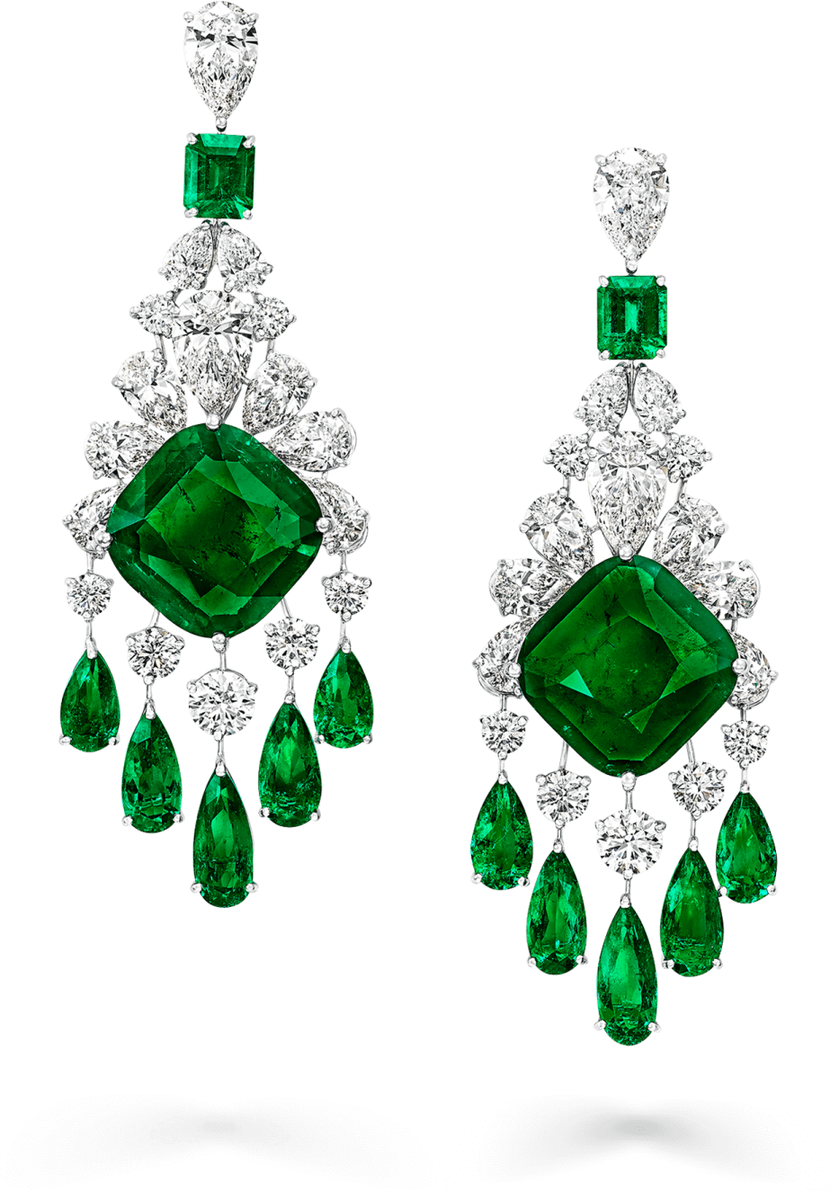 a pair of emerald and diamond earrings