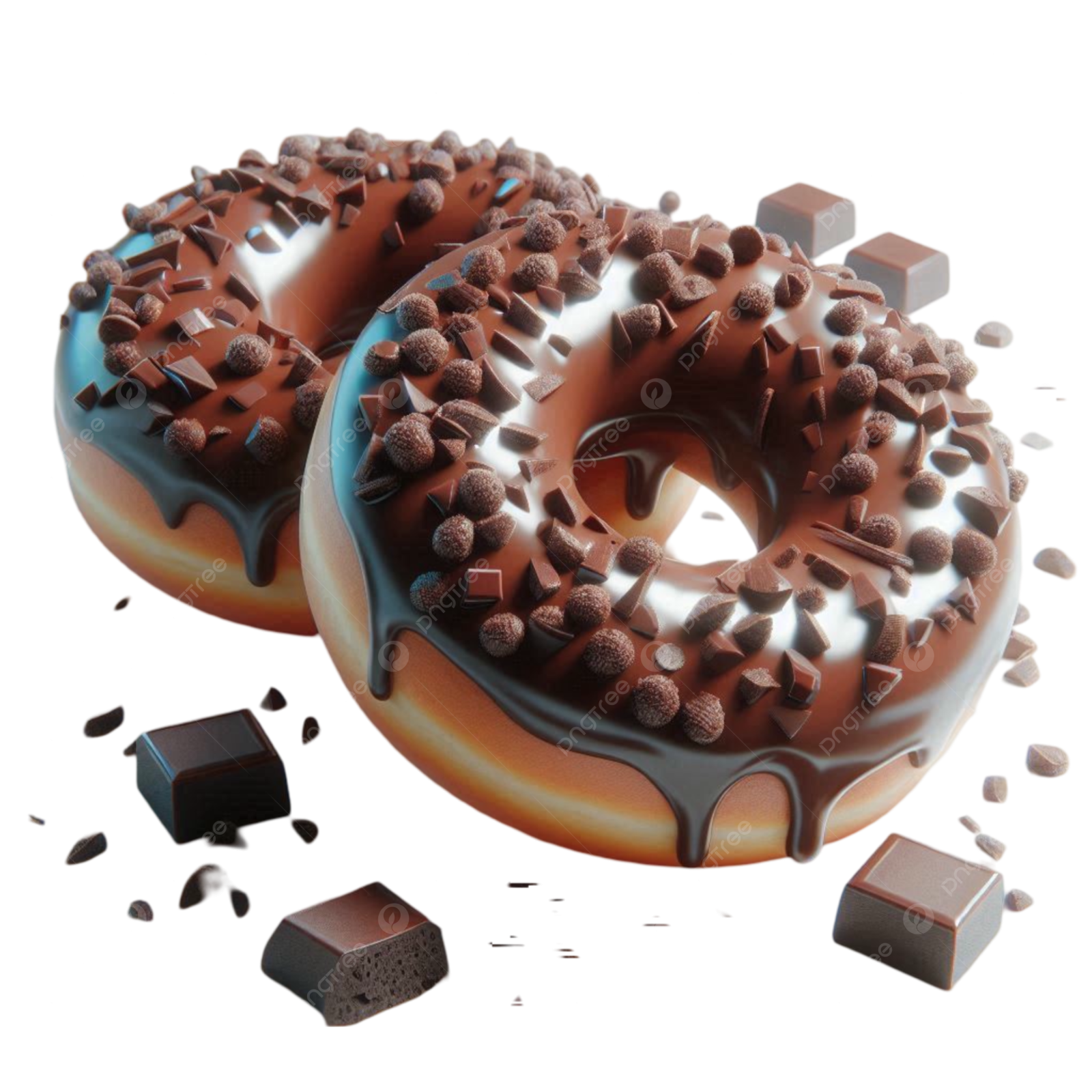 two chocolate donuts with chocolate chips on top