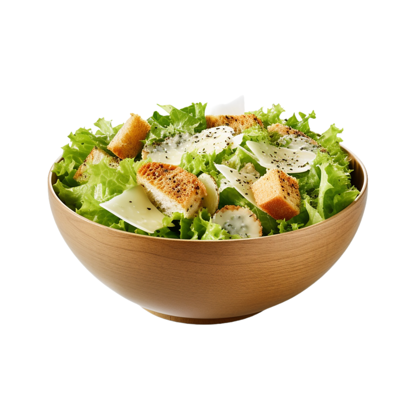 a salad in a wooden bowl on a white background