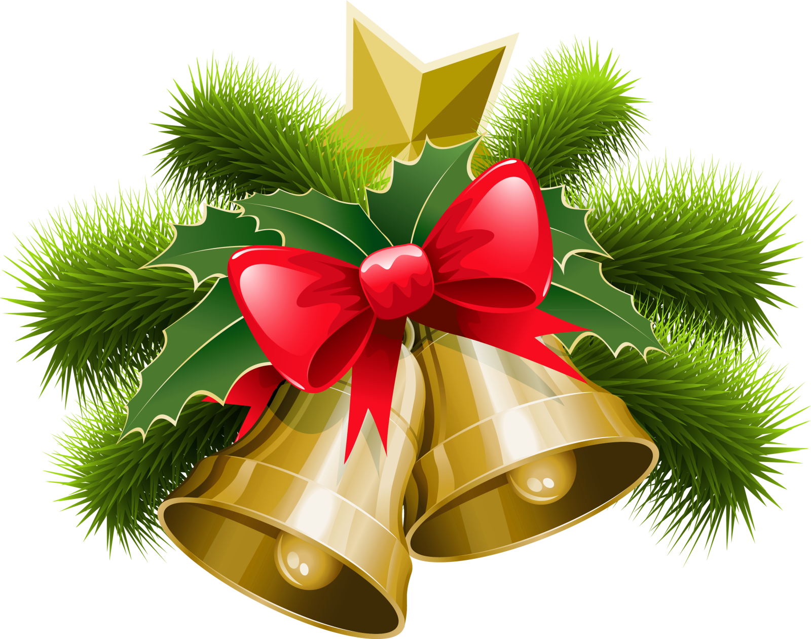 christmas bells with a red bow and pine branches