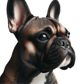 a brown and white dog with blue eyes