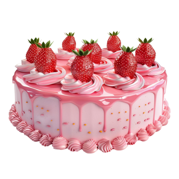 a pink cake with strawberries on top