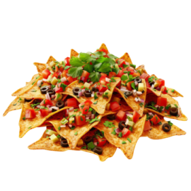 a pile of torta chips with black beans and tomatoes