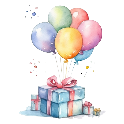 a watercolor painting of a gift box with balloons
