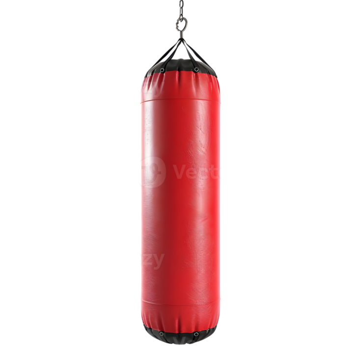 a red punching bag hanging on a white background