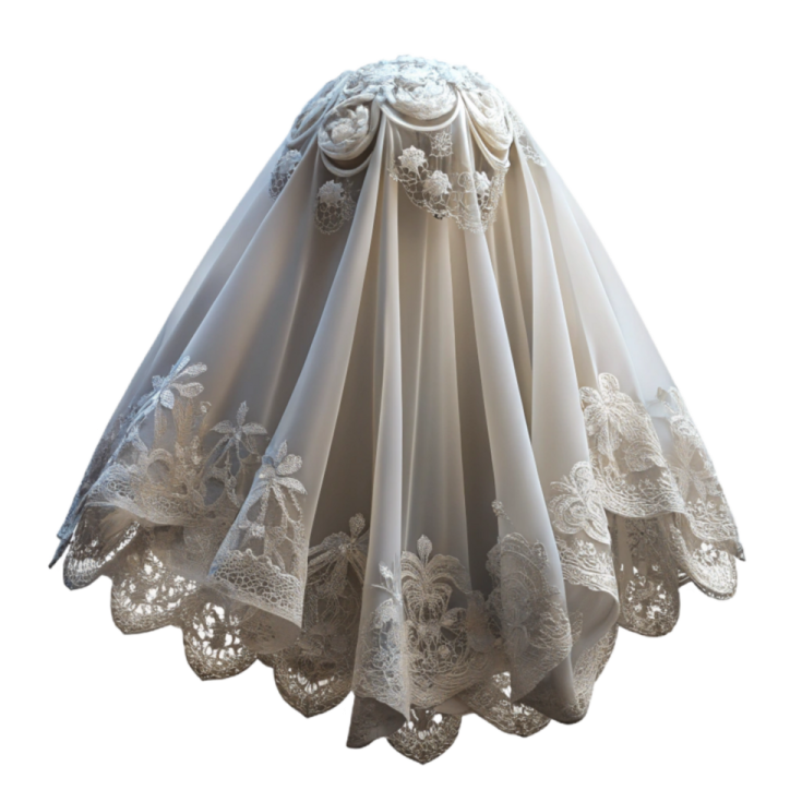 a wedding veil with white lace and flowers