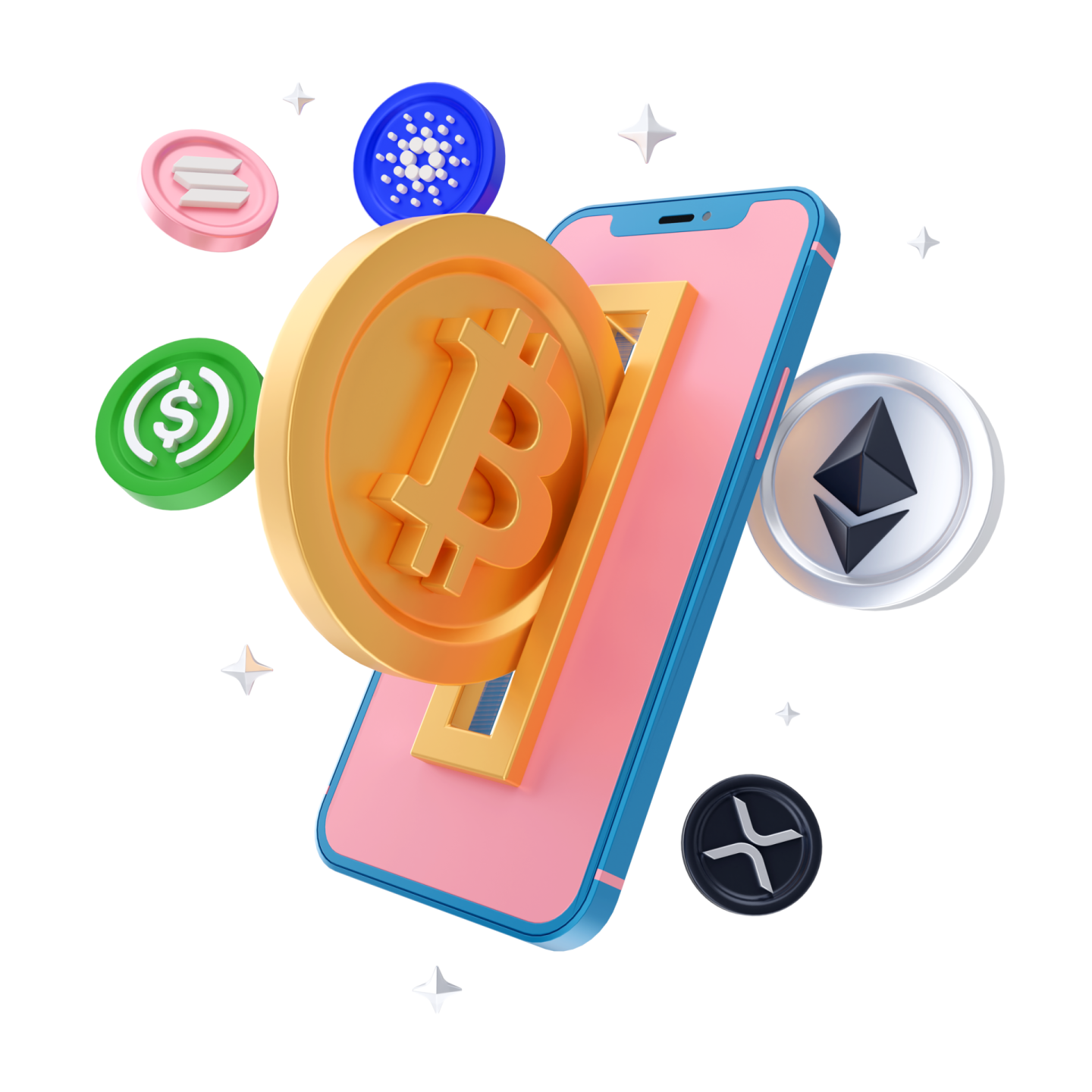 a phone with a bit coin on top of it
