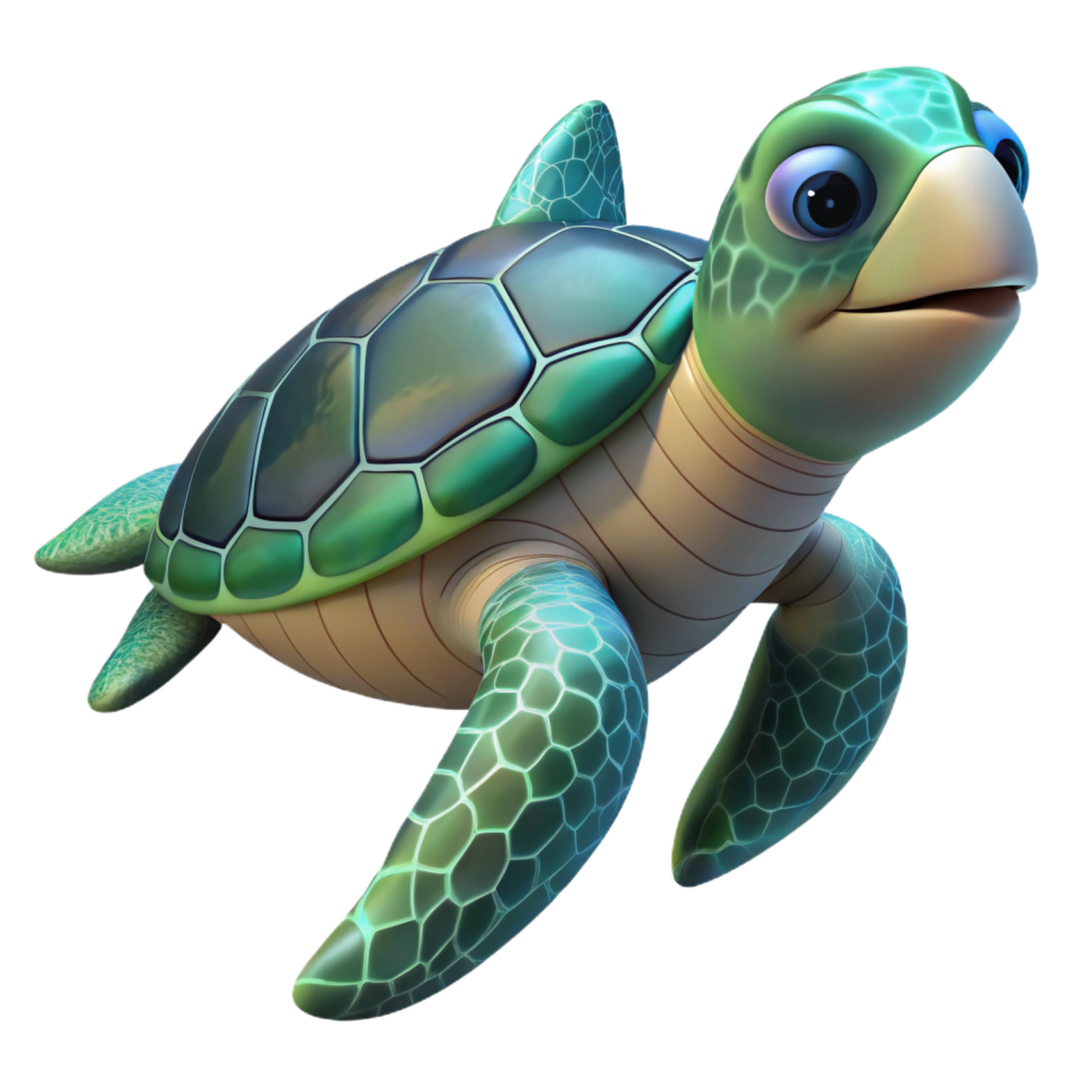 a green turtle with blue eyes and a white background