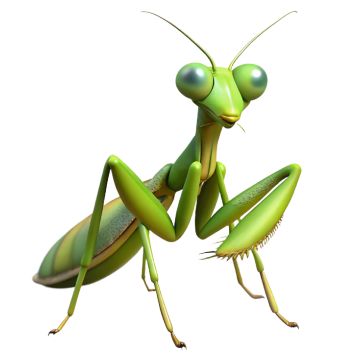 a green praying mantis on white background