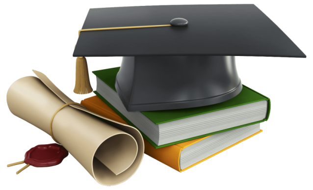 a graduation cap and diploma on top of books