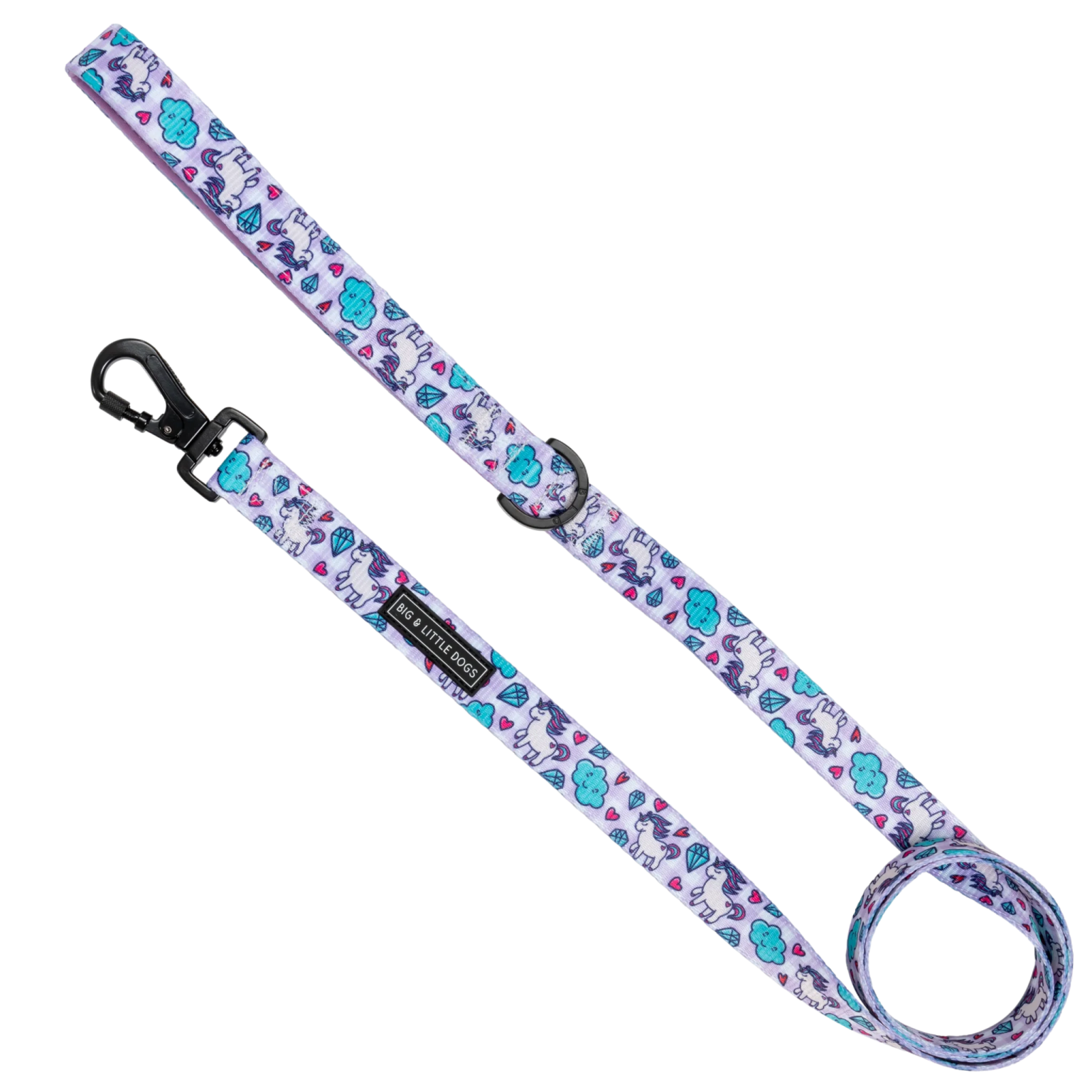 a purple and blue dog leash with flowers on it
