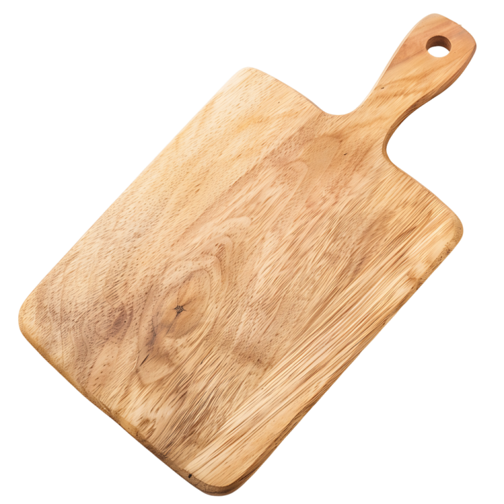 a wooden cutting board on a white background