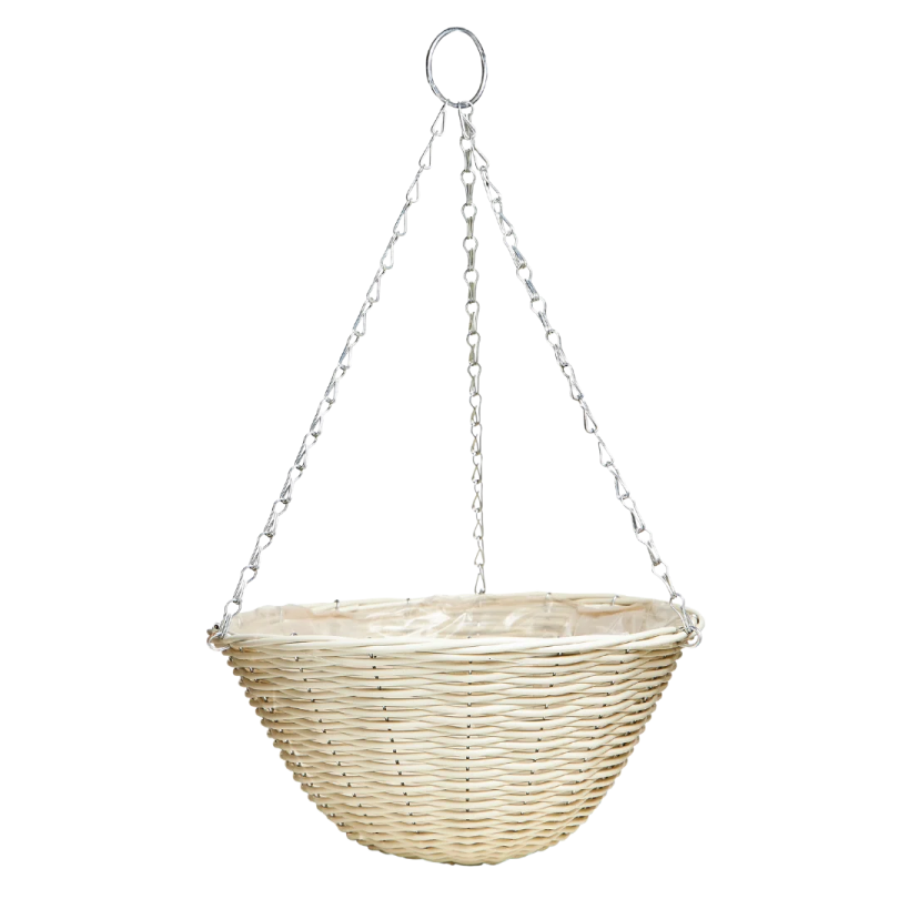 a white wicker hanging basket