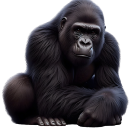 a gorilla sitting down and looking at the camera
