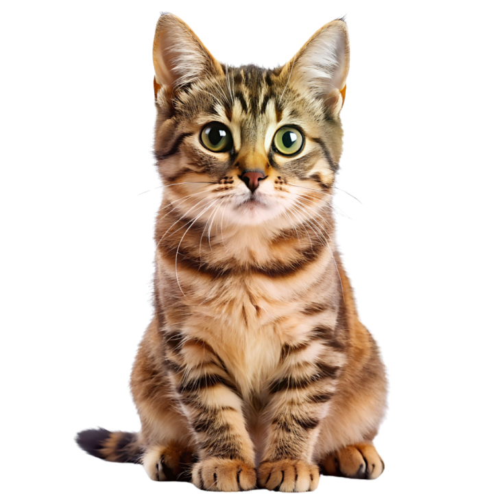 a small kitten with green eyes sitting on a white background