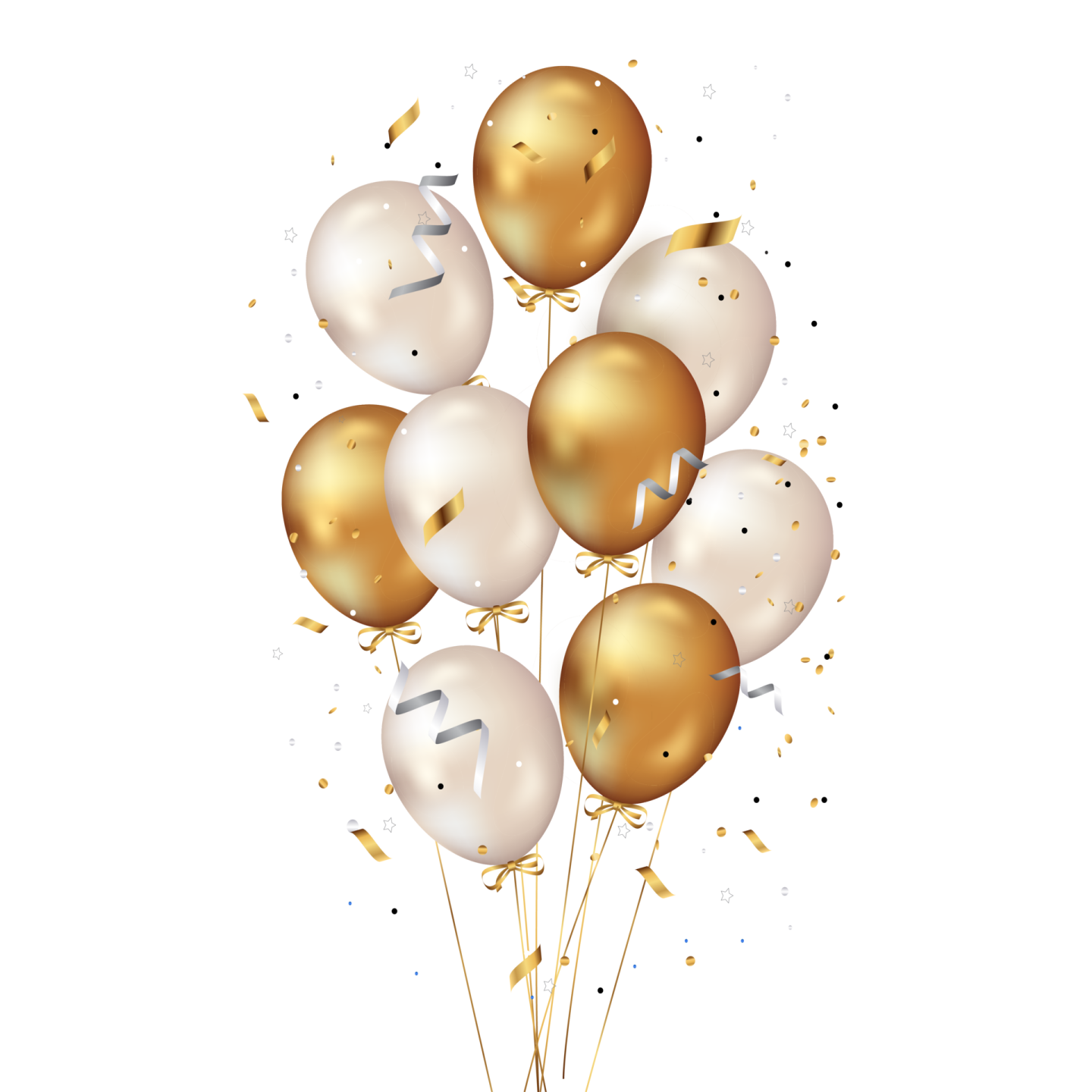 a bunch of gold and white balloons