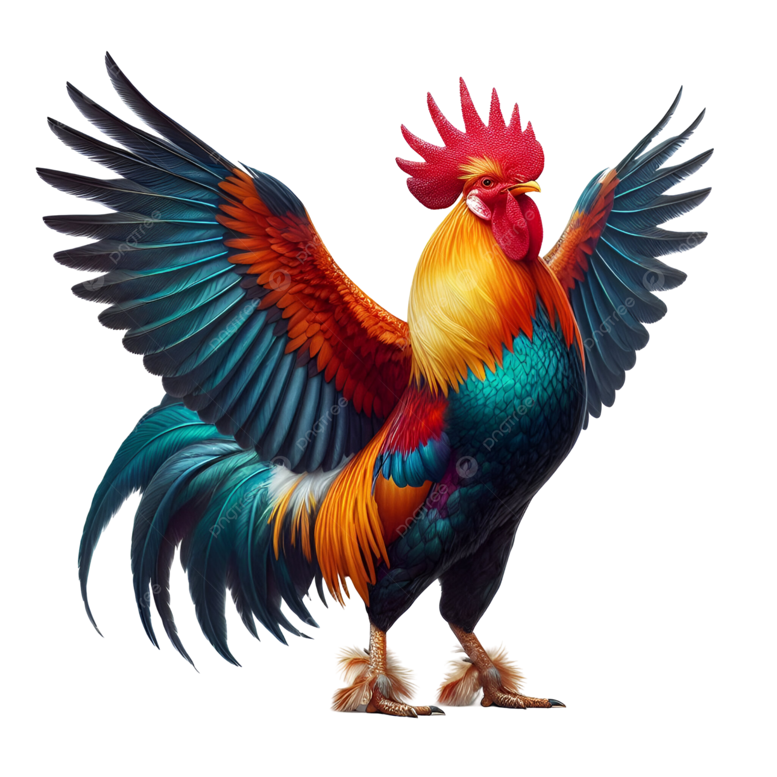 a rooster with its wings spread out