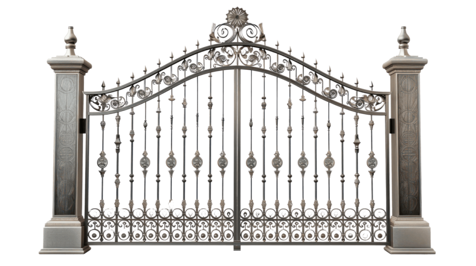 a wrought iron gate with decorative ornaments on it
