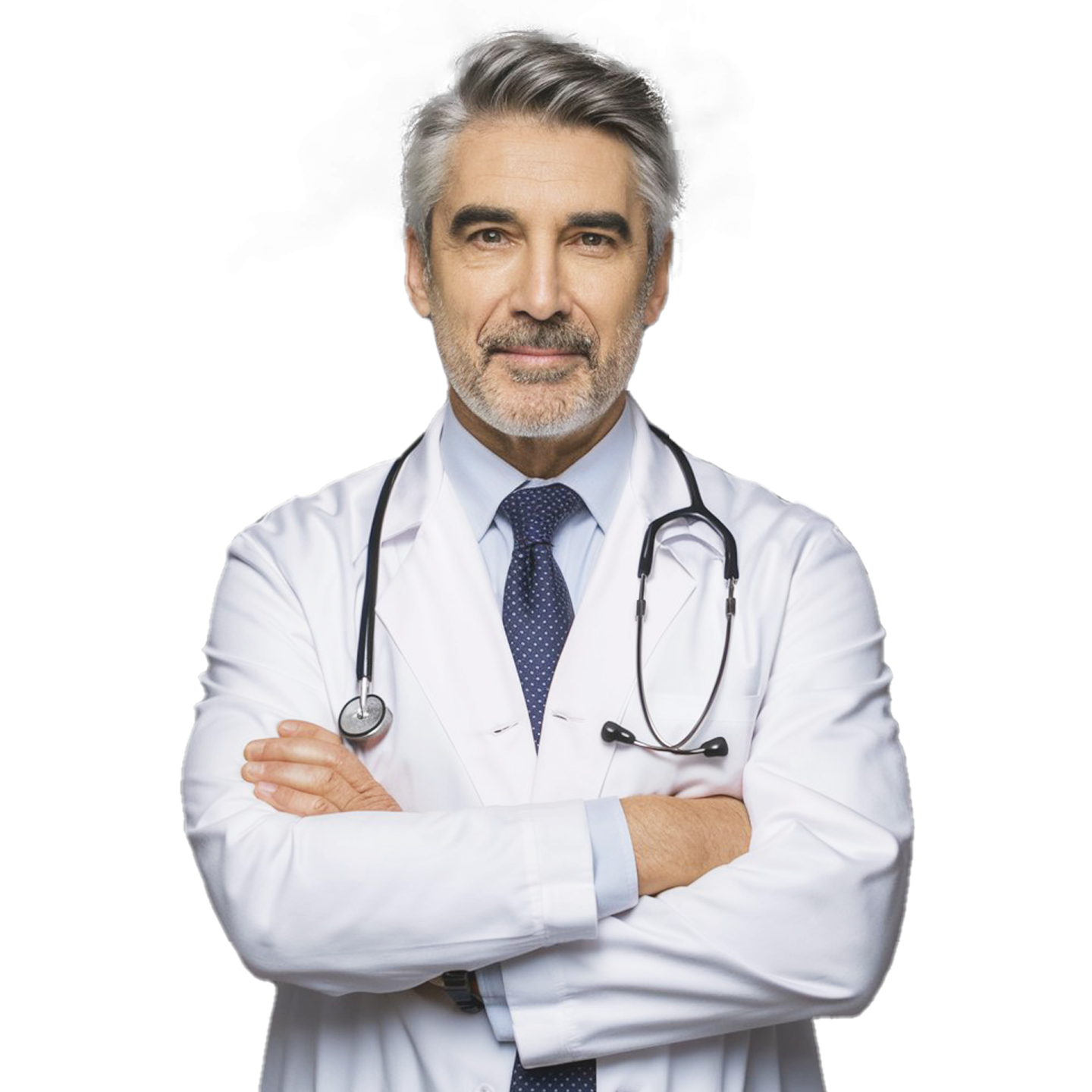 a man in a white coat and tie standing with his arms crossed