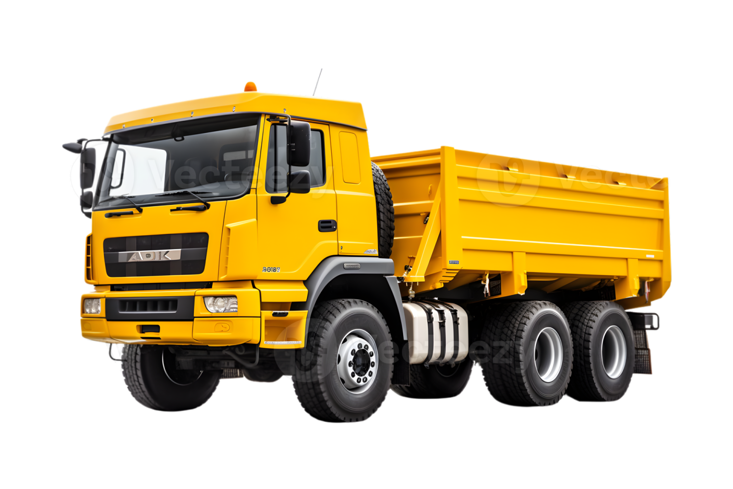 a yellow dump truck on a white background