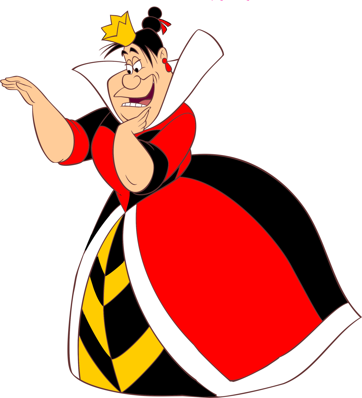 a cartoon character in a red and black dress with a crown on her head