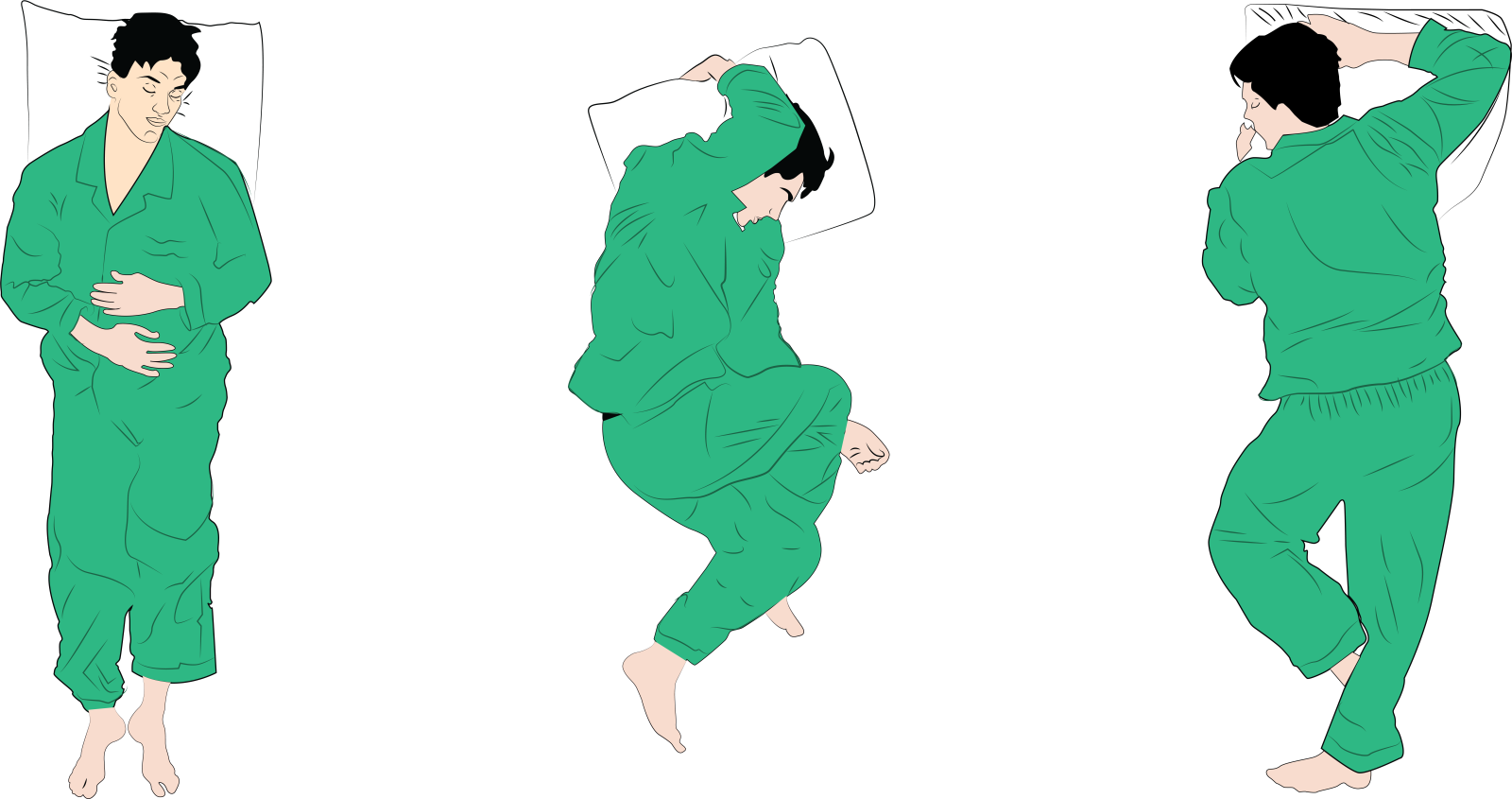 a man in green pajamas is sleeping and stretching