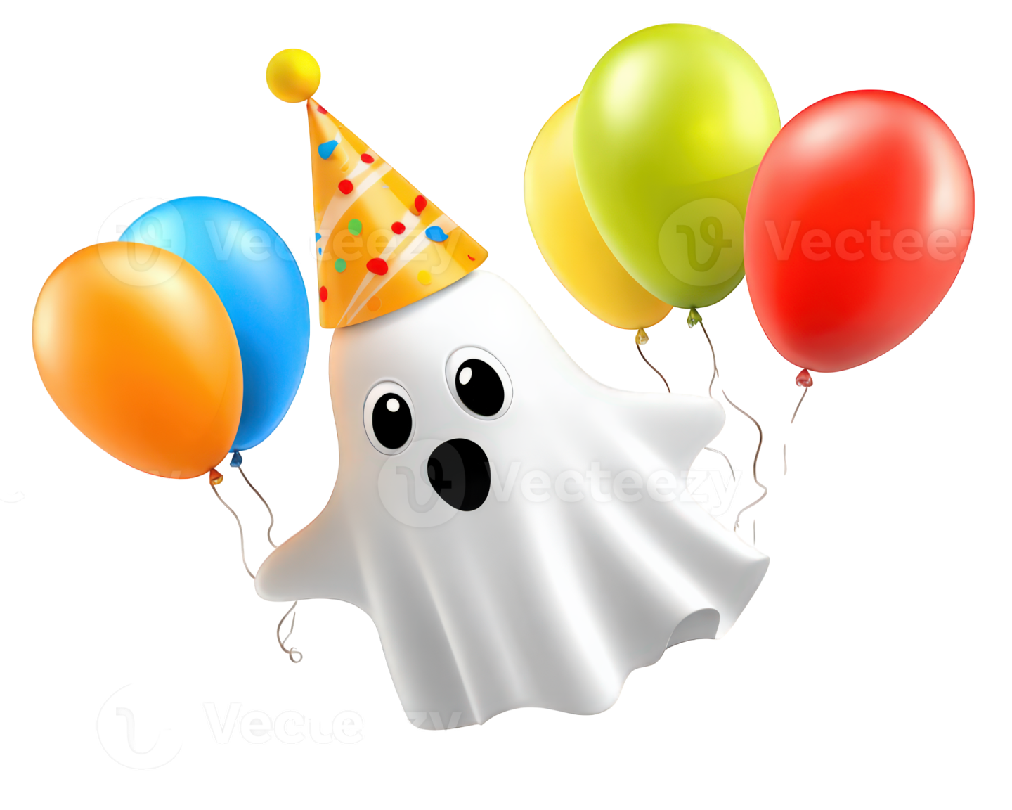 a ghost with balloons and a party hat