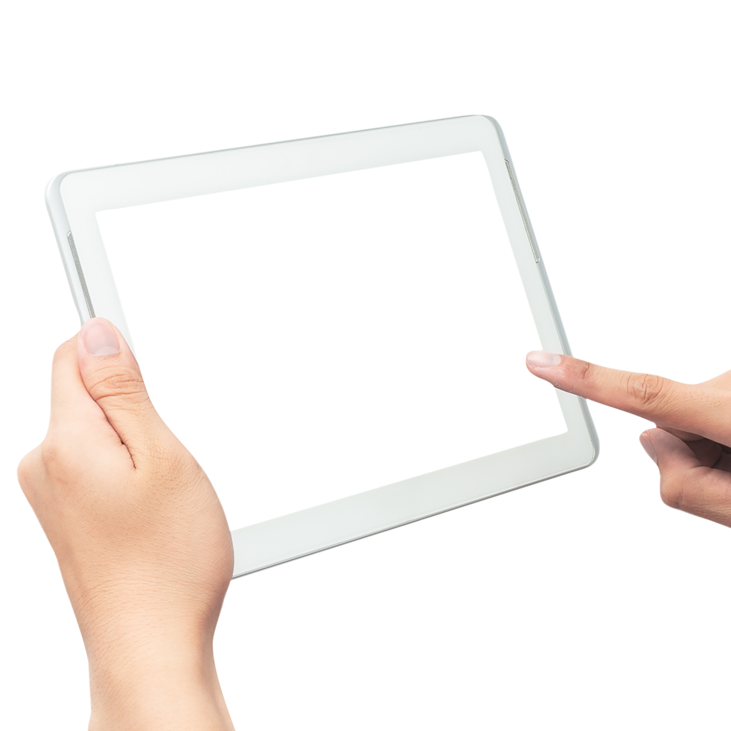 two hands holding a tablet with a white screen
