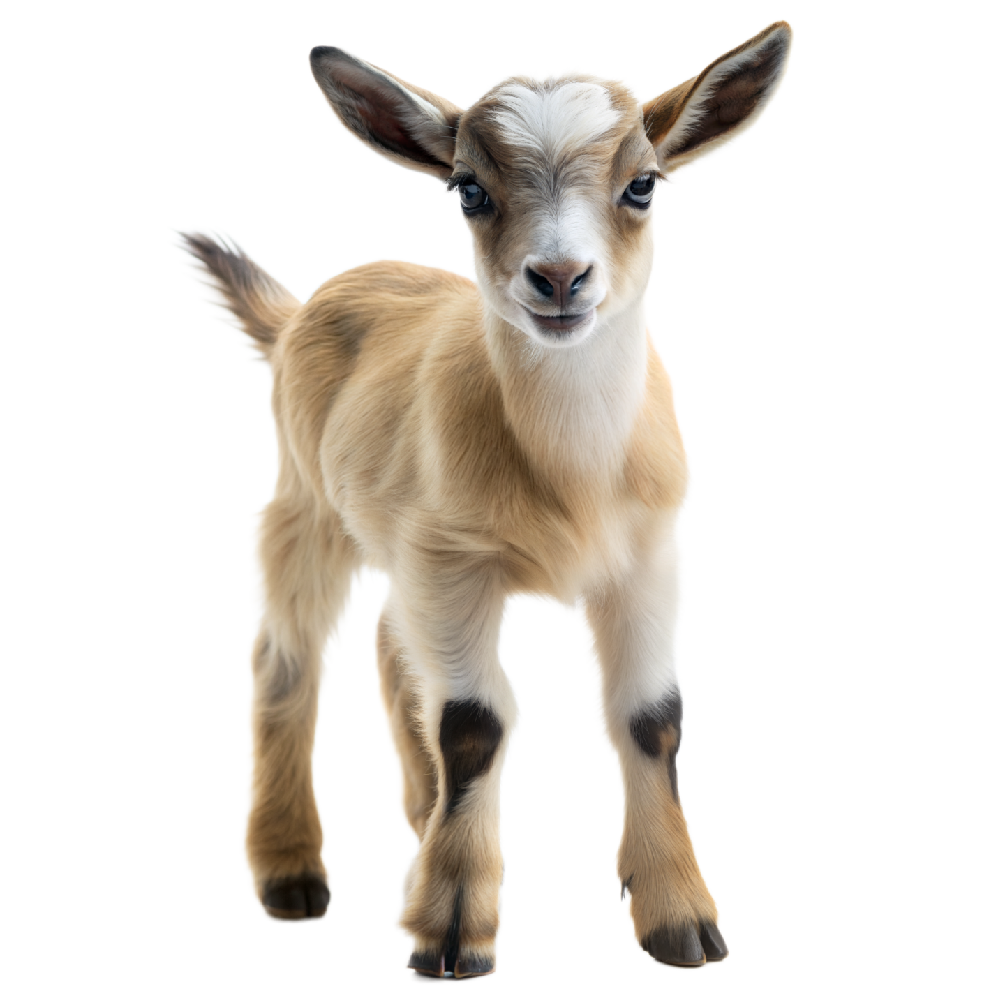 a small goat standing on top of a white surface