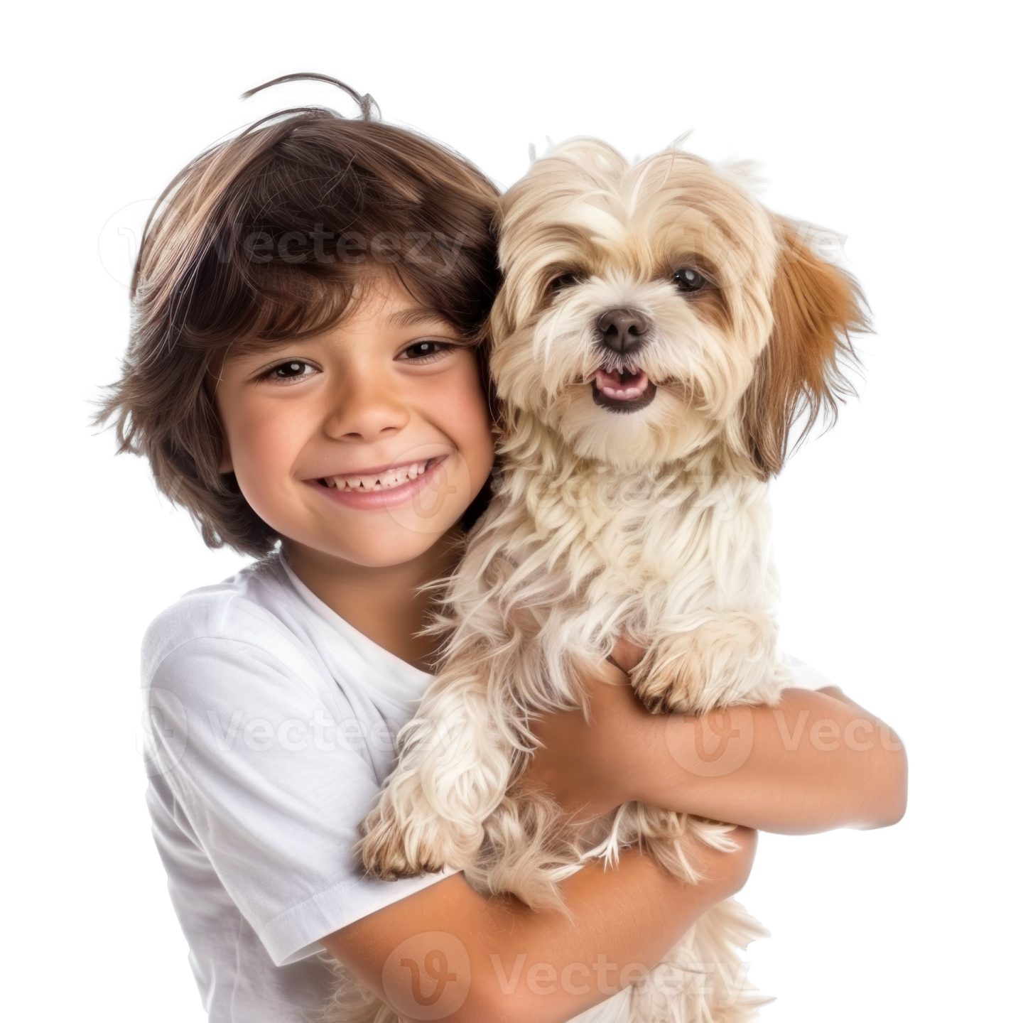 a young boy holding his dog in his arms
