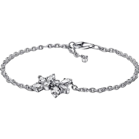 a silver bracelet with flowers and leaves