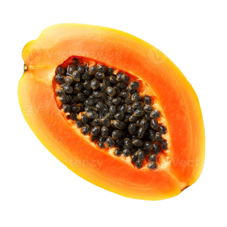 A half of a papa with seeds on it