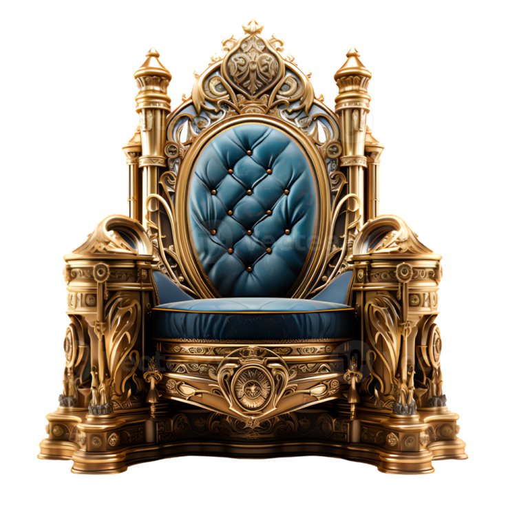 a gold throne with a blue seat