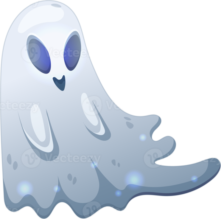 a white ghost with blue eyes and a black nose, standing in front of a white background