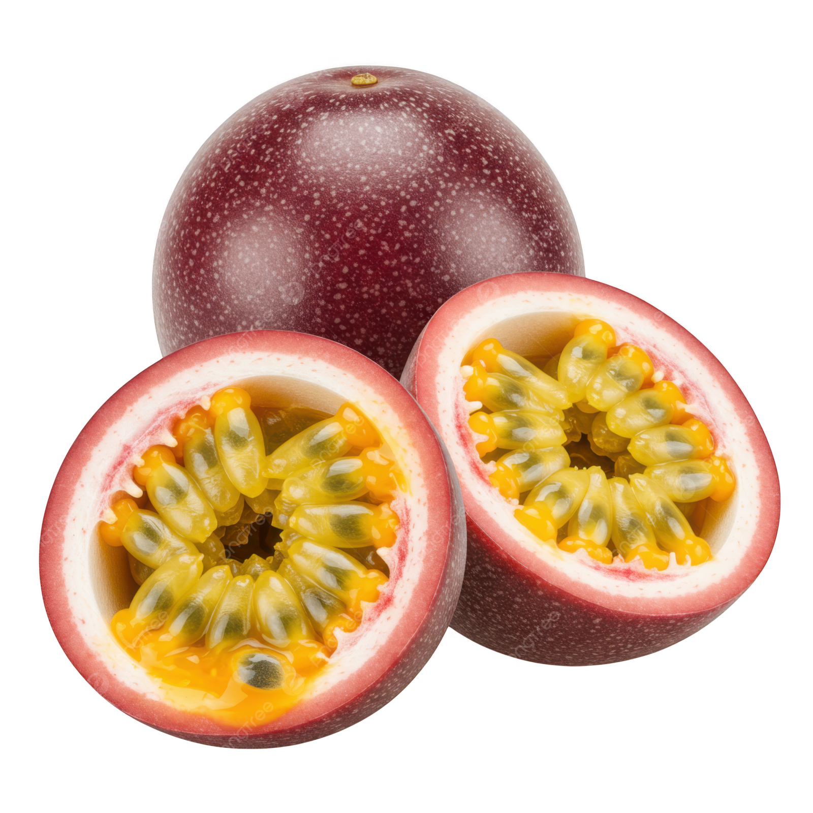 a passion fruit cut in half on a white background