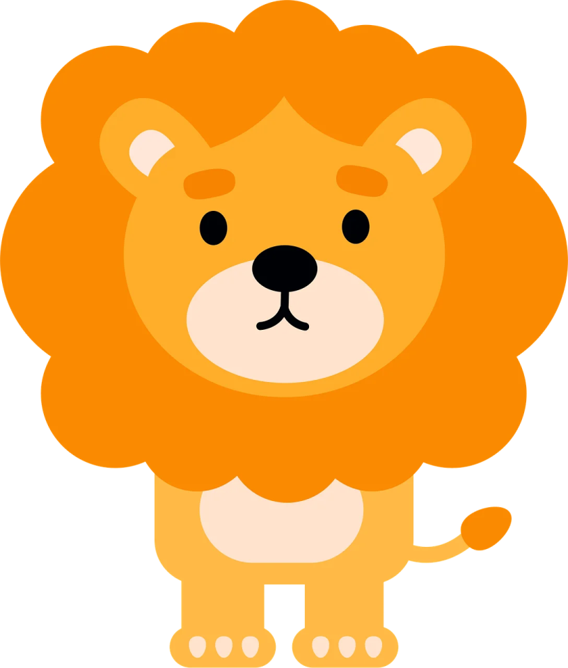a cartoon lion with an orange mane and black eyes