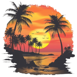 a painting of palm trees at sunset