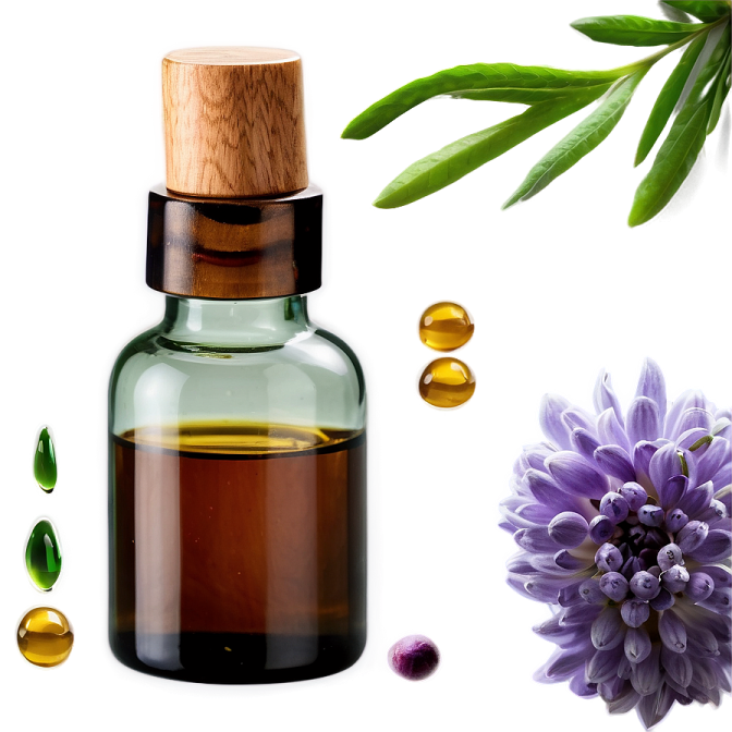 a bottle of essential oil next to a purple flower