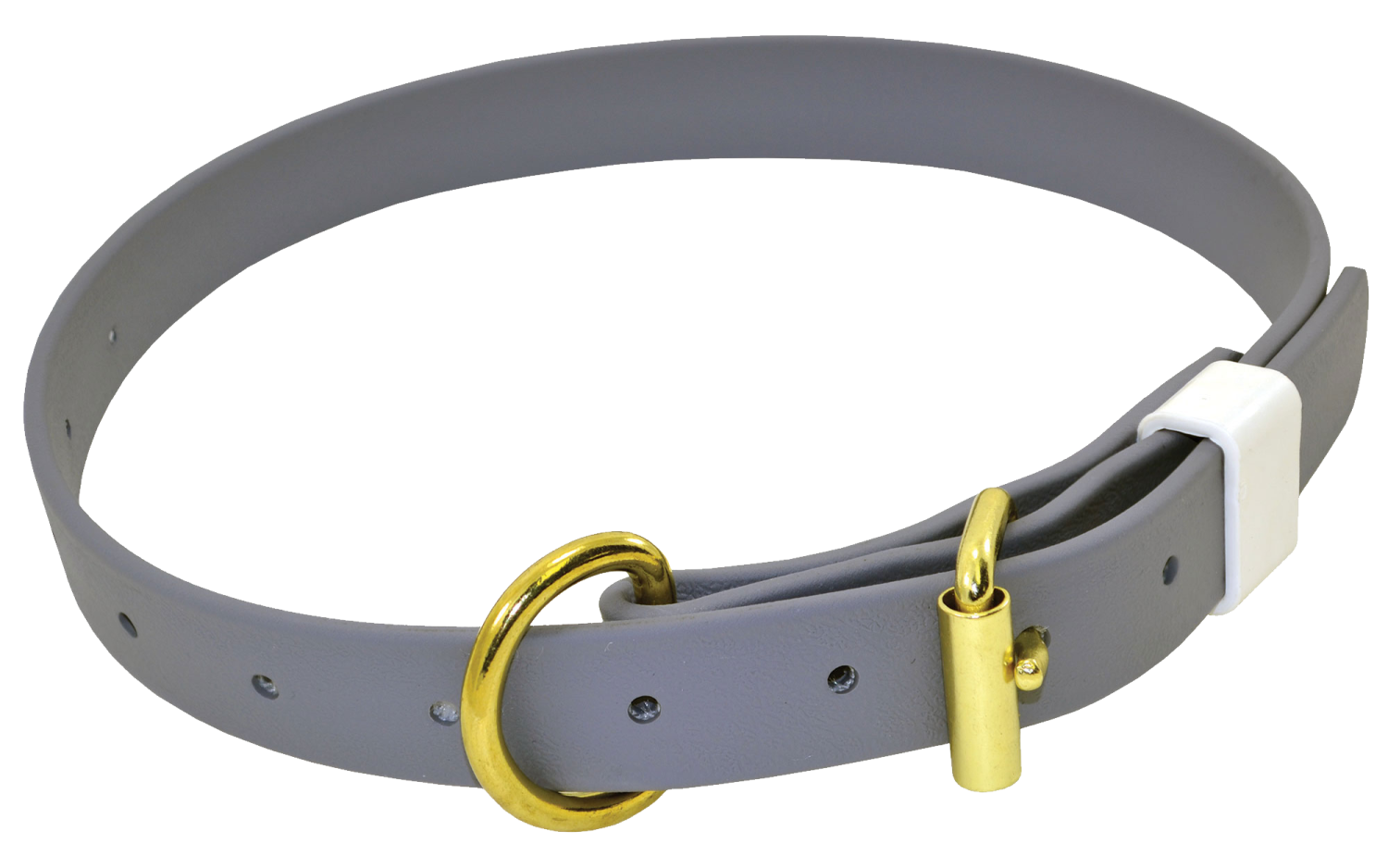 a grey leather dog collar with gold hardware
